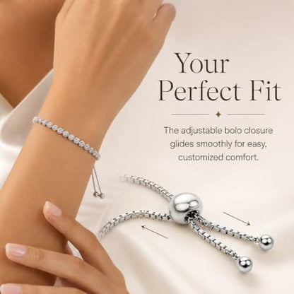 LeCalla 925 Sterling Silver Sliding Bolo Bracelet | Adjustable Beaded Tennis Bracelets for Women | Adjustable Slider Bolo Bracelets Gifts for Her - color: Flower Shaped CZ