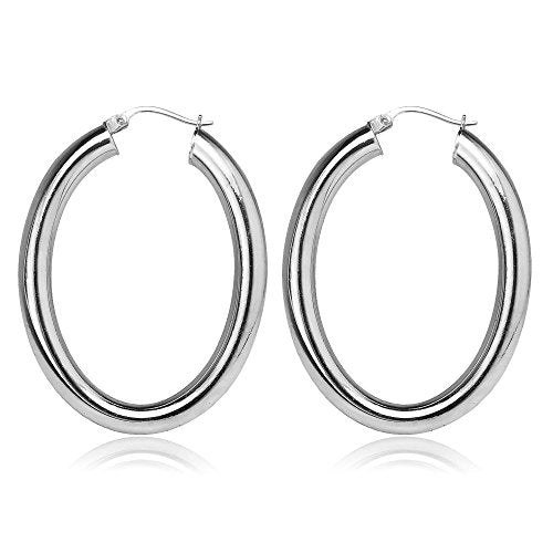 Hoops & Loops 925 Sterling Silver 4mm Thick Oval Diamond-Cut Hoop Earrings, 25mm 30mm, Silver, Yellow Gold, Rose Gold & Black - color: Silver 30mm-1.2''