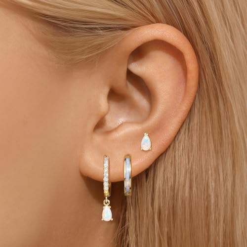 Opal Earrings Set for Women, Birthday Gift for Her, Sterling Silver | 14K Gold Plated, Hypoallergenic S925 Opal Hoop Stud Earrings for Women with Sensitive Ears, Dainty earring Stacks—Trendy Opals Jewelry 2026 - color: Gold Opal Drop Dangle