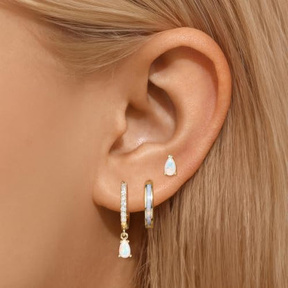 Opal Earrings Set for Women, Birthday Gift for Her, Sterling Silver | 14K Gold Plated, Hypoallergenic S925 Opal Hoop Stud Earrings for Women with Sensitive Ears, Dainty earring Stacks—Trendy Opals Jewelry 2026 - color: Gold Opal Drop Dangle