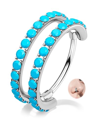 Nose Ring Hoop, 316L Stainless Steel Double Nose Rings, 20G Nose Piercing Jewelry for Women, Clear CZ Helix Cartilage Septum Nose Hoops - color: Turquoise-Silver-8mm