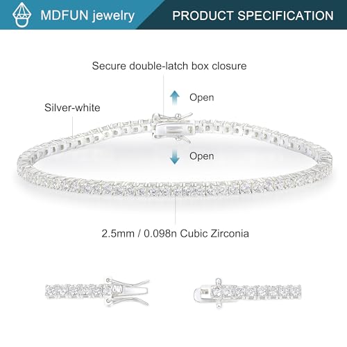 MDFUN 18K White Gold Plated 2.5mm Cubic Zirconia Classic Tennis Bracelet for Women and and Men, Size 6-8 Inch - size: 6.5IN