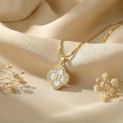 LETFLY 14K Four Leaf Clover Natural Shells Initial A-Z Necklaces for Women - color: Gold, style: Letter H