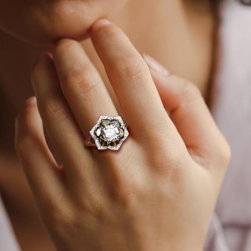 Flower Cocktail Ring for Women Stone Engagement Anniversary Rings | Sterling Silve|Hypoallergenic|Ruby|Sapphire|Emerald|Wedding and Birthday Party Women Statement Ring|Mother and Grandma Gift - color: Peridot (Aug.)