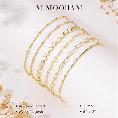 M MOOHAM Gold Bracelets Set for Women No Tarnish | 14K Gold Plated, Dainty Stackable Bracelets Stack for Women, Herringbone Paperclip Rope Cuban Chain Bracelet Set Stack - color: 6.Singapore Dot Set