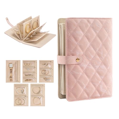 Travel Jewelry Organizer Case,Portable Checkered Jewelry Storage Bag,Velvet Lined Zipper Pouch for Earrings,Necklaces Rings (Pink) - color: Pink