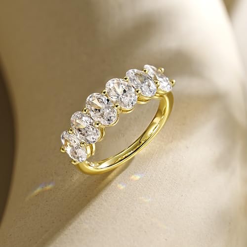 Gold Plated Half Eternity Ring for Women - 0.5CT CZ 6-Stone AAAAA Oval Cut Stackable Band Ring 14K Non Tarnish Waterproof - Wedding Anniversary Engagement Statement Travel Rings Jewelry Gift