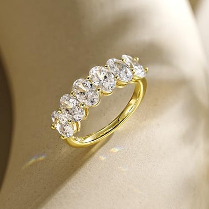 Gold Plated Half Eternity Ring for Women - 0.5CT CZ 6-Stone AAAAA Oval Cut Stackable Band Ring 14K Non Tarnish Waterproof - Wedding Anniversary Engagement Statement Travel Rings Jewelry Gift