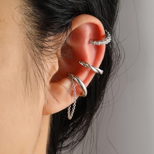 3Pcs Ear Cuffs Non Piercings for Women, Trendy Cubic Zirconia Gold Silver Clip On Cuff Earrings Set Jewelry Dainty Fake Cartilage Earring - color: Silver Chain