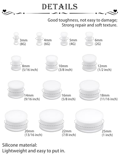 Ears Gauges Tunnels Plugs for Women Solid Silicone Ear Gauge Stretching Kit 8G to 1" (3MM- 25MM) Expander Stretcher Plug Earrings for Piercing Jewelry for Women (Black White Flesh) - color: 8g to 1", White