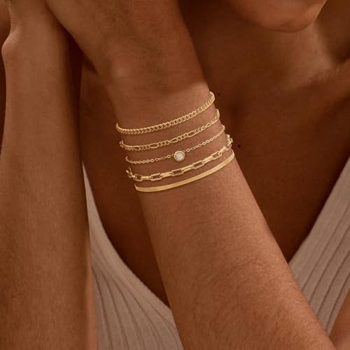 Bracelets for Women, Dainty Stackable Bracelet Stack Sets Tiny Box Chain Adjustable Bracelets Minimalist Cute Jewelry Paperclip Link Layered Waterproof Jewelry Sets Gifts - style: 5-PIECE IMITATION-ZIRCON