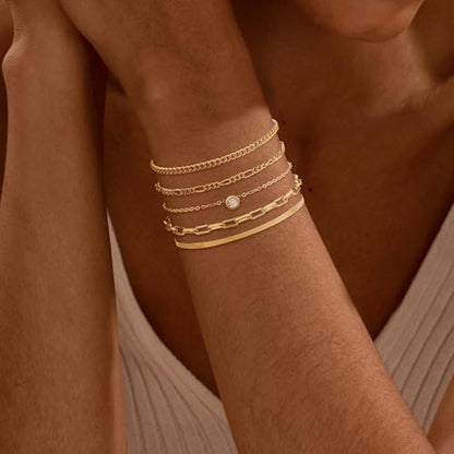 Bracelets for Women, Dainty Stackable Bracelet Stack Sets Tiny Box Chain Adjustable Bracelets Minimalist Cute Jewelry Paperclip Link Layered Waterproof Jewelry Sets Gifts - style: 5-PIECE IMITATION-ZIRCON