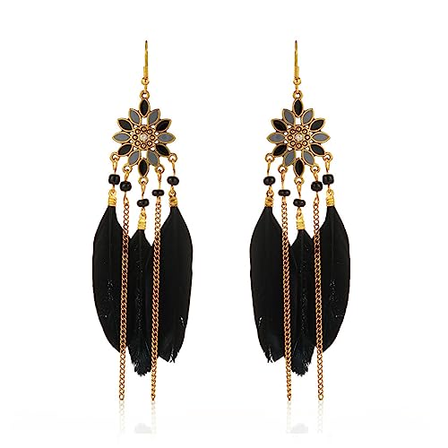 Boho Long Feather Earrings Long Tassel Drop Dangle Earrings Set for Women,Bohemian Gold Dangling Long Handmade Feather Dream Catcher Earrings - color: Black