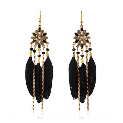 Boho Long Feather Earrings Long Tassel Drop Dangle Earrings Set for Women,Bohemian Gold Dangling Long Handmade Feather Dream Catcher Earrings - color: Black