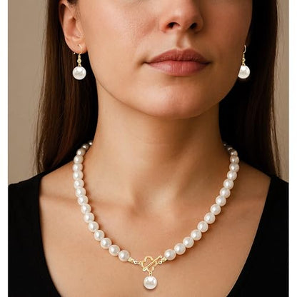 Cryshimmer Pearl Choker Necklace for Women Faux Pearl Beads Strand Necklace Earring Set Costume Jewelry,Gift for Wife Mother - color: 4-leaf Toggle
