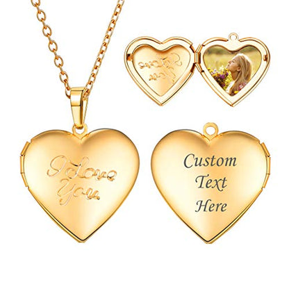 U7 Custom Photo Locket Necklace - Oval & Heart Shaped Locket - Gold/Silver/Rose Gold Personalized Image Necklaces for Women - color: 03-Gold I Love You, style: c. locket+photo+text
