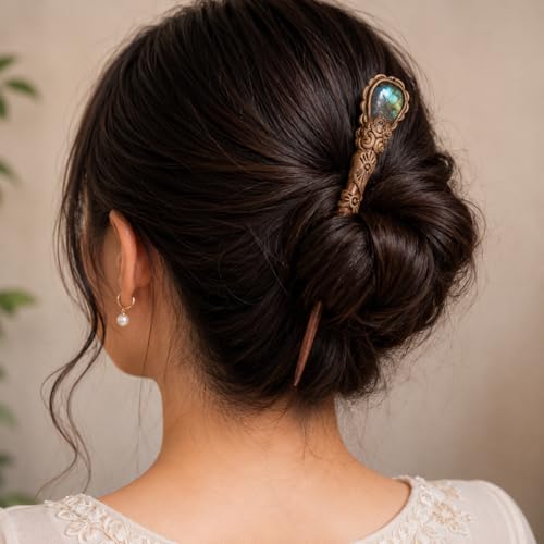 1 Pcs Crystal Point Hair Stick Set, Natural Labradorite Gemstone Hair Pins, Handmade Wooden Hair Forks, Boho Hair Accessories for Women, Decorative Bun Holder, Gift for Her
