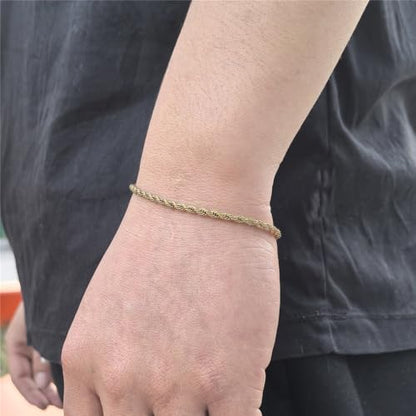 kelistom 18K Gold Silver Tone Rope Link Chain Bracelet for Women Men, 3mm 4mm Braided Rope Chain Bracelets, 7” 7.5” 8.3”, - size: 7.0", style: 3mm-gold