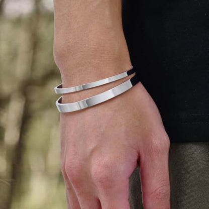 Stainless Steel Mens Cuff Bracelet : Minimal Cool Silver/Black/Gold Plated Open Metal Cuff Bangle Bracelets for Men,Mens Bracelet Jewelry Gift - color: Silver-2-Pack, size: Medium( fit 5.5"-7.2" wrist)