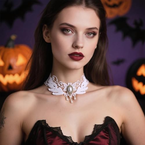 Goth Black Choker Necklace Crystal Bead Pendant Necklace for Women Gothic Velvet Lace Choker Halloween Vampire Witch Cosplay - color: E-White