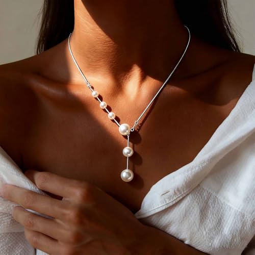 Vintage Pearl Y Lariat Necklace Minimal Pearl Pendent Necklace Silver Snake Chain Necklaces Long Pearls Drop Necklaces Round Beads Choker Wedding Bridal Jewelry for Women