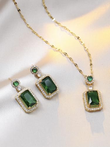 2pcs Cubic Zirconia Wedding Jewelry Sets for Women - Elegant CZ Necklace and Earrings Set with 18K Gold Plated Chain Jewelry Perfect as Special Occasion Gift - color: Green