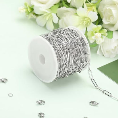 SMYHTGLIF 5 Meters Flat Paperclip Stainless Steel Jewelry Making Chains | Silver Chain for Jewelry Making Craft Necklace Bracelet Chain DIY Jewelry Making Findings - color: Silver, size: 4×12mm