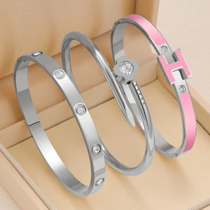 3Pcs Gold Bracelets for Women 14K Gold Plated Love/H/Nail Bangle Bracelet Dainty Non Tarnish Bracelet Jewelry Christmas Mothers Day Gifts for Women - color: 3Pcs Silver/Pink H bracelet