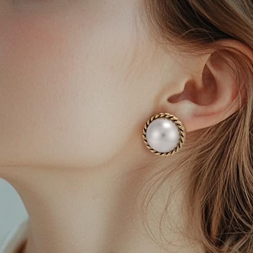 Large Pearl Earrings for Women, Chunky Gold Button Pearl Studs | Gold Twist Trim, Statement Vintage Style, 23mm, 14K Gold-Plated Brass, Faux Mabe Pearl, for Wedding, Parties, Elegant Look