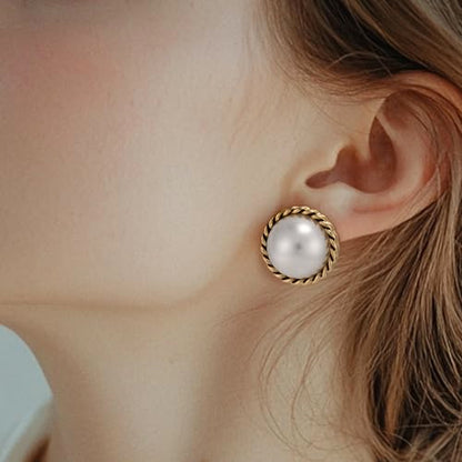 Large Pearl Earrings for Women, Chunky Gold Button Pearl Studs | Gold Twist Trim, Statement Vintage Style, 23mm, 14K Gold-Plated Brass, Faux Mabe Pearl, for Wedding, Parties, Elegant Look