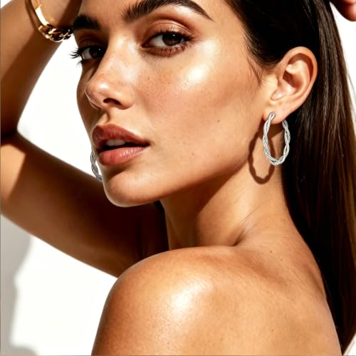 OGD Teardrop Hoop Earrings for Women 14K Gold Plated Large Chunky Oval Pull Through Hoop Earrings Statement Jewelry Gift for Women Hypoallergenic - color: Twisted Hoop-Silver38mm