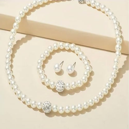 Pearl Bride Wedding Jewelry Set Faux Pearls Necklace Earrings Bracelet Sets for Women Bridesmaid Wedding(3 PCS) (White-Round)
