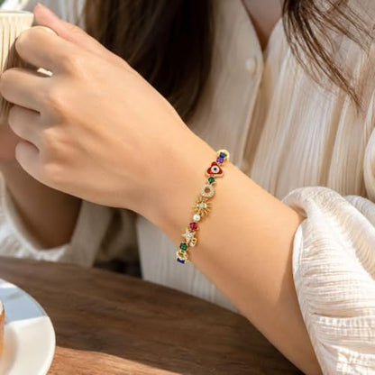 Sun and Moon Bracelets for Women Gold Charm Bracelet Star Heart Elephant Colorful Rhinestone Dainty Celestial Jewelry Gifts