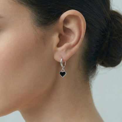 SLUYNZ Sterling Silver Black Heart Hoop Earrings for Women Teens Love Heart Hoop Earrings Huggie - color: A-SILVER
