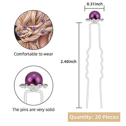 QIUTIMIY 20 Pack (Purple) Pearl Crystal Hair Pins Flower Rhinestone Hair Clips for Bridal Wedding Women Hair Jewelry Accessories, with Clear Container - color: Pearl Flower-Purple