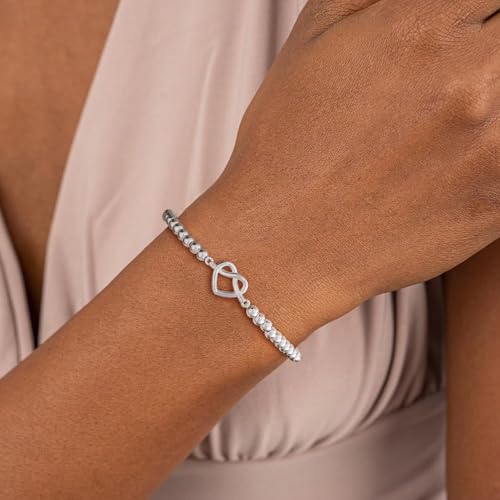 Beaded Bracelets for Women 14K Silver Gold Plated Stretch Handmade Ball Bracelets Cute Charm Bracelet Dainty Stackable Cross Heart Bow Wave CZ Circle Trendy Jewelry Easter Gifts - color: knot-heart-silver