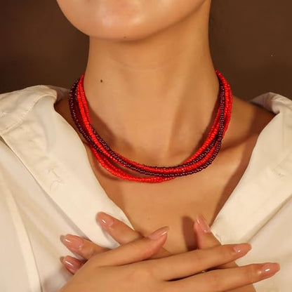 Handmade Colorful Multi-layered Multi Strand Seed Beaded Stackable Bohemian Braided Choker Necklaces for Women Summer Hawaiian Beach Holiday Boho Statement Jewelry - color: red