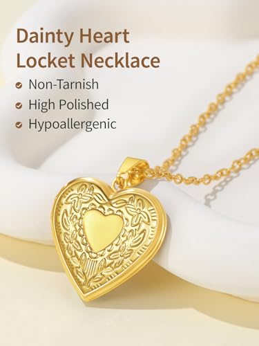 FindChic Locket Necklace for Women Custom Photo Memorial Gifts 4 Colors | Silver/Black/Rose Gold/Gold Plated Personalized for Loved Ones, Birthday Valentine's Day Keepsake - style: 13. Heart Pattern (DIY)-Gold