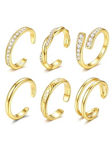 Subiceto 6 Pcs 14K Gold Filled Toe Rings for Women Non Tarnish Dainty Open Adjustable Toe Ring Set Stackable Cz Hypoallergenic Beach Summer Foot Jewelry for Women - color: texture 14k gold plated