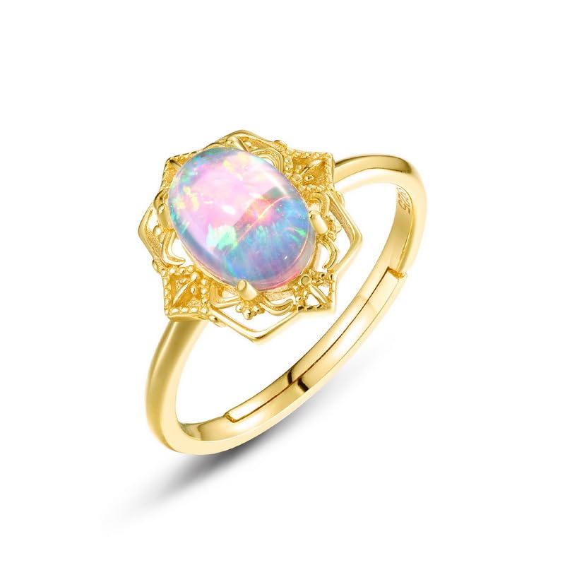 14K Solid Gold over S925 Vintage Court Style Adjustable Ring with Teardrop/Oval Shaped Opal, Luxurious Retro Gemstone Jewelry Accessory,Natural October Birthstone Jewelry for Women