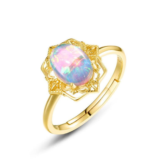 14K Solid Gold over S925 Vintage Court Style Adjustable Ring with Teardrop/Oval Shaped Opal, Luxurious Retro Gemstone Jewelry Accessory,Natural October Birthstone Jewelry for Women