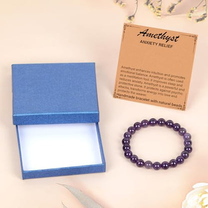 LPBeads Handmade Natural Gemstone Stretch Elastic Bracelet Healing Crystal Round Stone Beads Jewelry Gifts for Women Men - color: Amethyst, size: 8mm