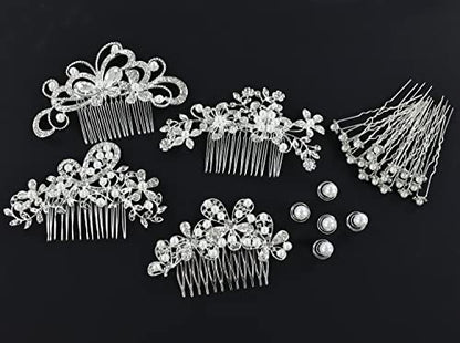 Cinaci 36 Pack Sparkly Silver Rhinestone Pearl Flower Butterfly Bridal Hair Side Combs+U-shaped & Twist Crystal Hair Pins Clips Wedding Headpieces Prom Accessories for Women Girls Brides Bridesmaids