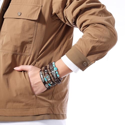 Mens Beaded Bracelets Tribal Wooden Elastic Adjustable Prayer Beads Wrap Cuff for Women - color: R: 5pcs