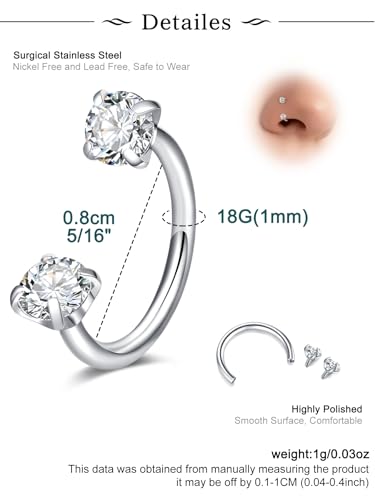 Longita 20g Nose Rings Hoop L Shape Nose Studs Stainless Steel Nose Screw Bone Flat Top Diamond Opal Heart High Nostril Piercing Jewelry Silver Rose Gold Black Pack for Women Men - color: C2- Horseshoe Ring 18g 8mm- silver 3pcs