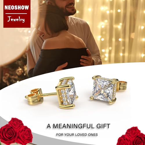 Princess Cut Cubic Zirconia Stud Earrings for Men Women | Square CZ Simulated Diamond Studs, 18K White Gold Plated Sterling Silver, Hypoallergenic - color: Gold, size: 5MM