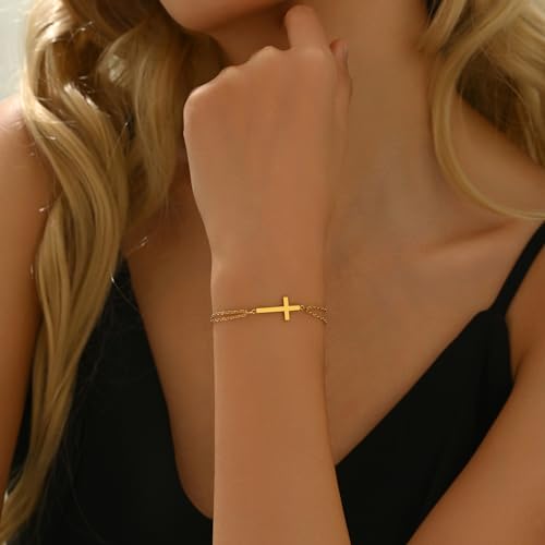 18K Gold Plated Pearl Beaded Cross Bracelets for Women Adjustable Stainless Steel Dainty Thin Gold Box Cuban Twisted Link Chain Bracelet Bridesmaid Jewelry Gifts - color: Double O Cross-Gold