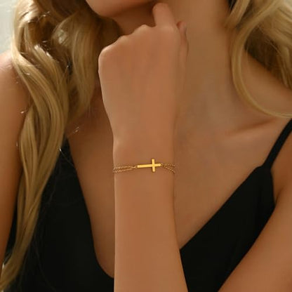 18K Gold Plated Pearl Beaded Cross Bracelets for Women Adjustable | Stainless Steel Dainty Thin Gold Box Cuban Twisted Link Chain Bracelet Bridesmaid Jewelry Gifts for Birthday, Anniversary - color: Double O Cross-Gold
