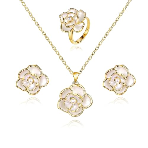 Wedding Jewelry Sets for Brides Bridesmaid Pearl Jewelry Set Fancy Gold Flower Necklace and Earrings Simple Pearl Necklace for Women Bridal Earrings Wedding Accessories Essentials Gifts - color: A9：3pcs flower jewelry set