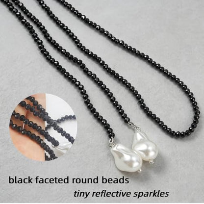 Crystal Beaded Lariat Necklace with Baroque Pearl Drops, Adjustable Y-Shaped Wrap Choker, Elegant Layered Chain Jewelry for Women Daily & Formal Wear - color: black